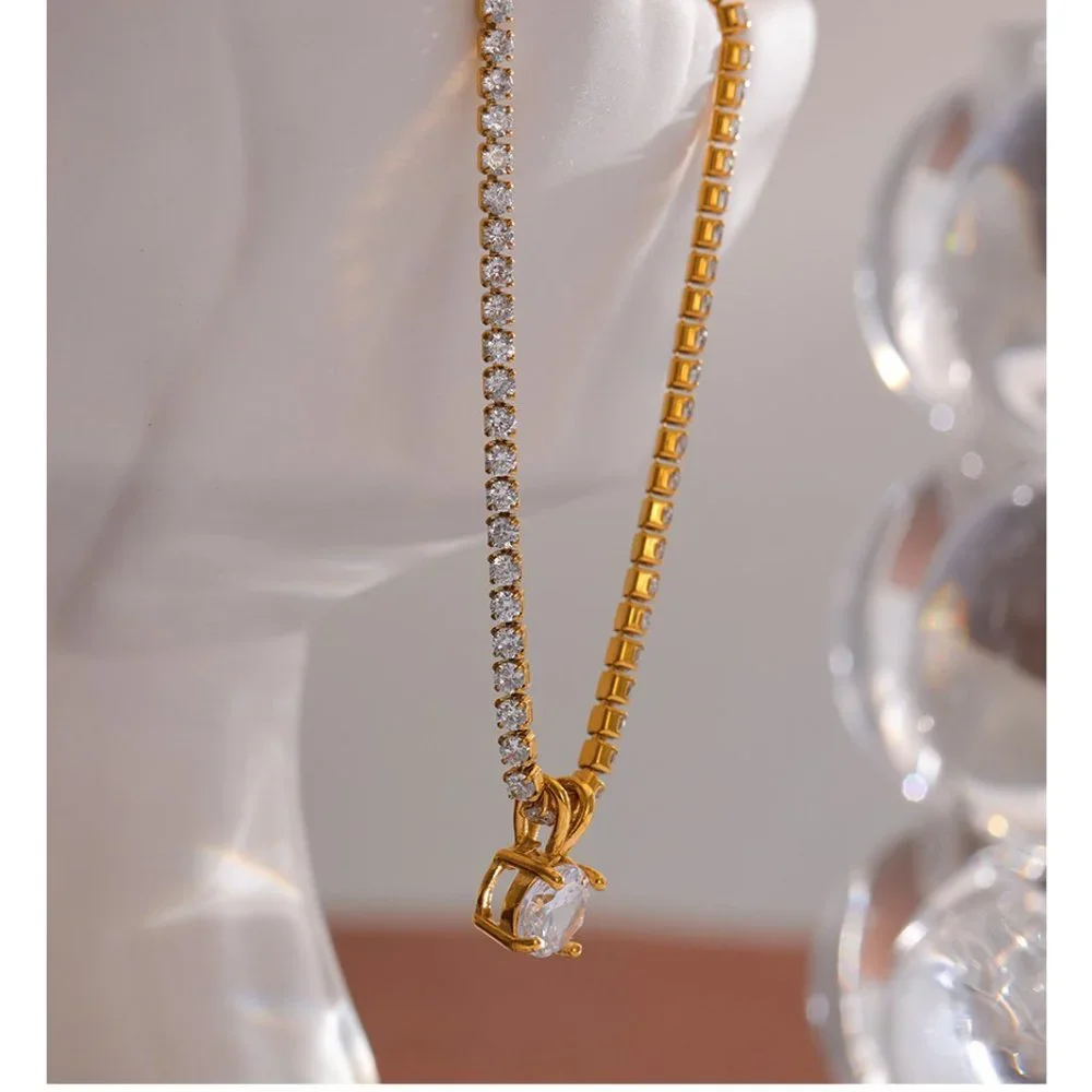 ^NEW 18K Gold Plated 2CT Solitaire Diamond Round Diamond Chain Necklace